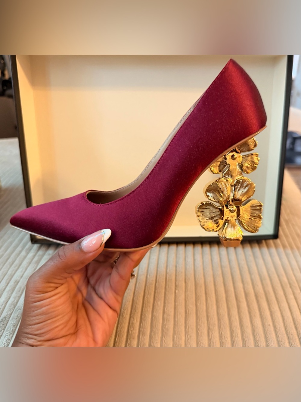 Kat Maconie Sonam Burgundy Satin Pointed Toe Pump with Sculpted Gold Floral Heel